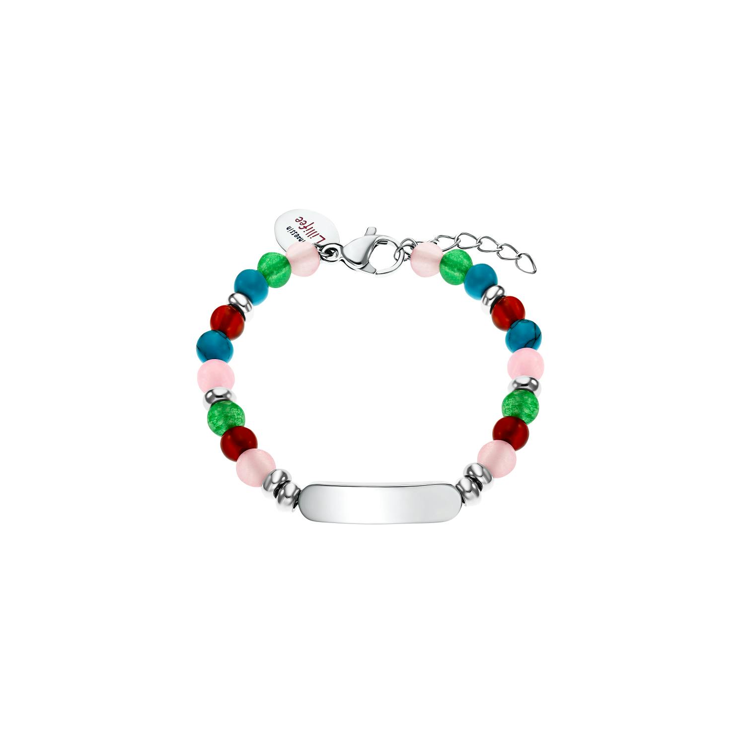 Identarmband für Mädchen, Edelstahl, Quarz, Achat, Aquamarin synth., Türkis synth.