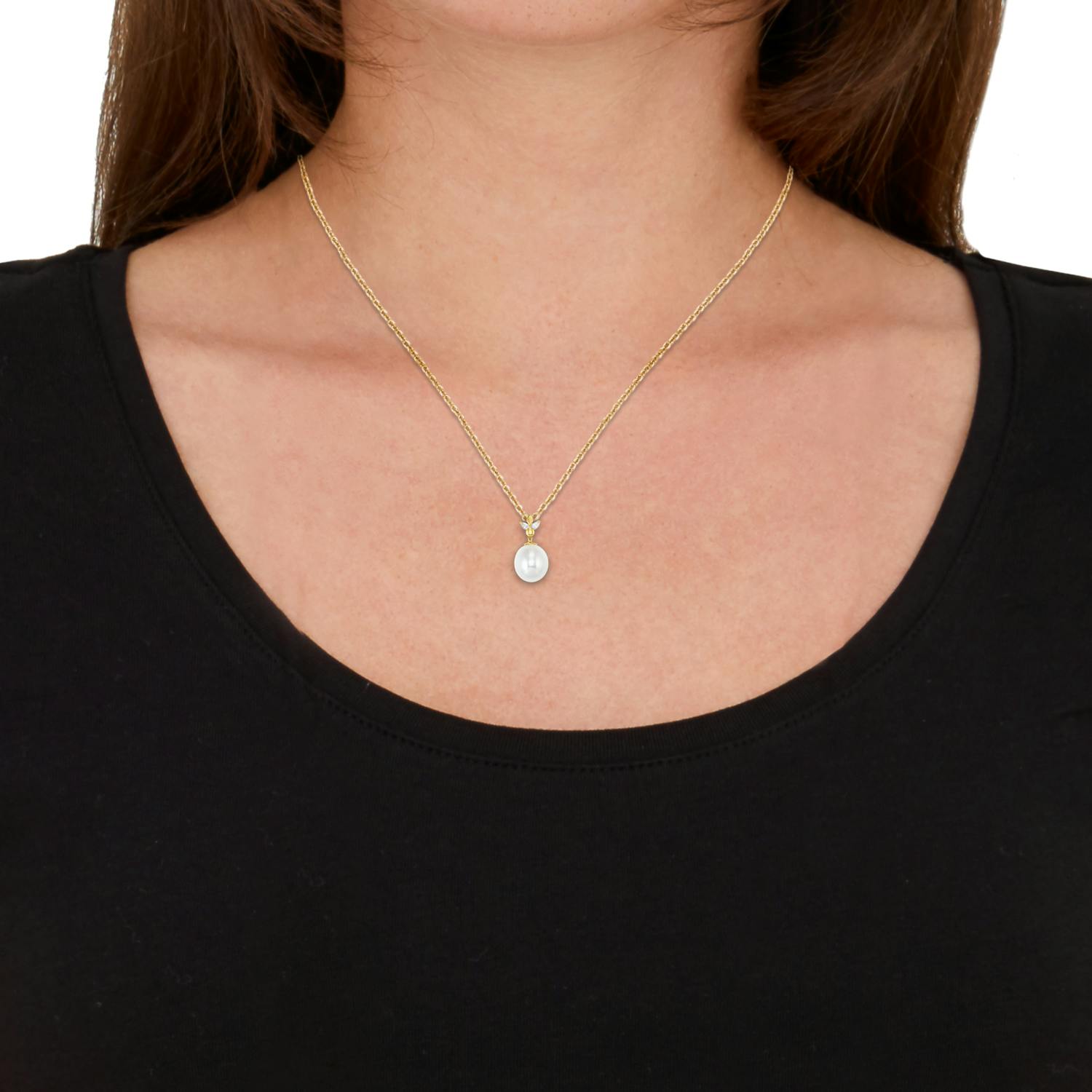 Kette mit Anhänger für Damen, Gold 585, Zirkonia (synth.) Süßwasserzuchtperle Blatt Kette mit Anhänger für Damen, Gold 585, Zirkonia (synth.) Süßwasserzuchtperle Blatt
