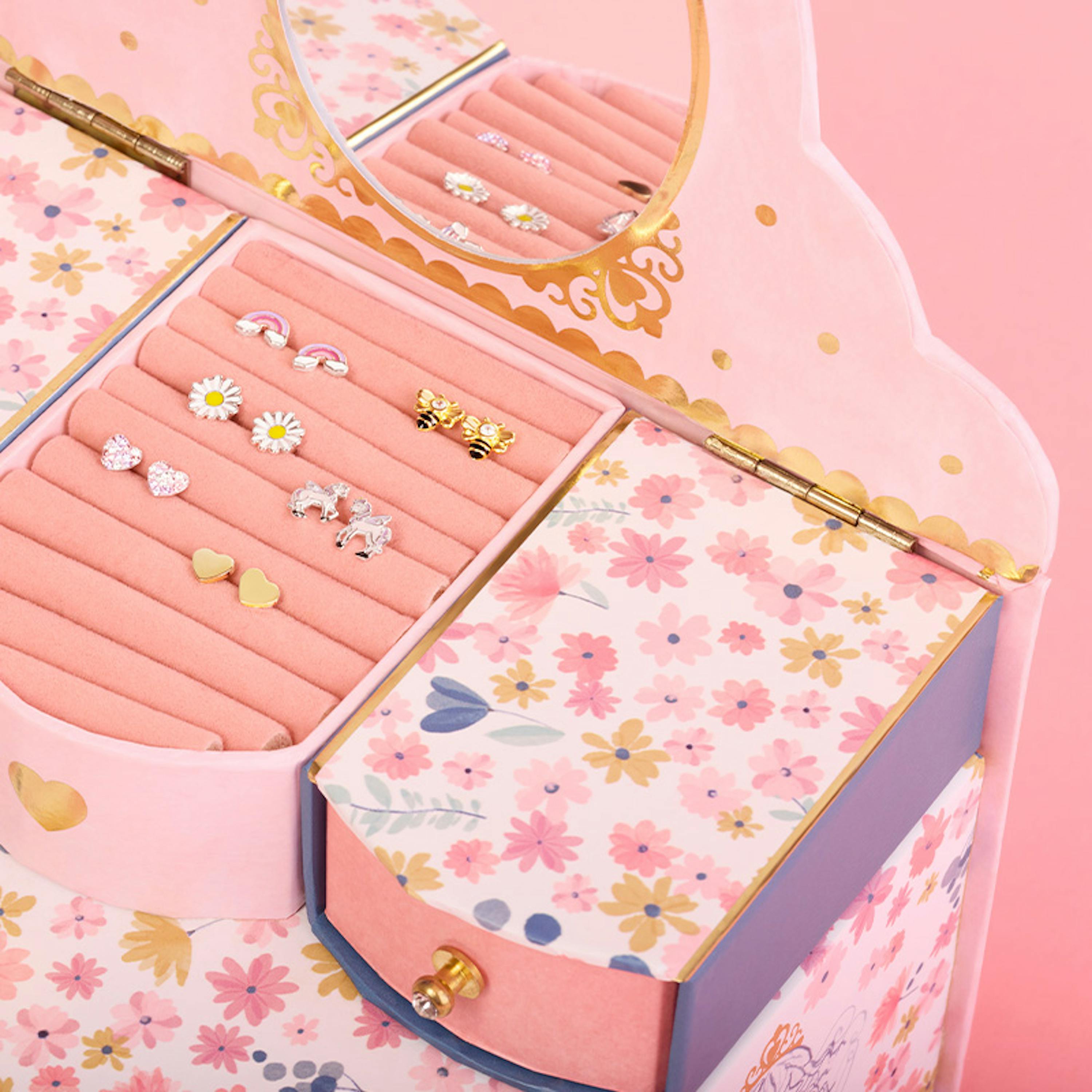 Blumige Schmuckbox für Mädchen mit Kinder Ohrringen bestückt